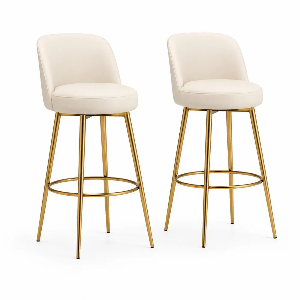 Lot de 2 tabourets de bar 95 cm assise rembourrée beige en similicuir PU pieds en acier doré avec repose-pieds circulaire