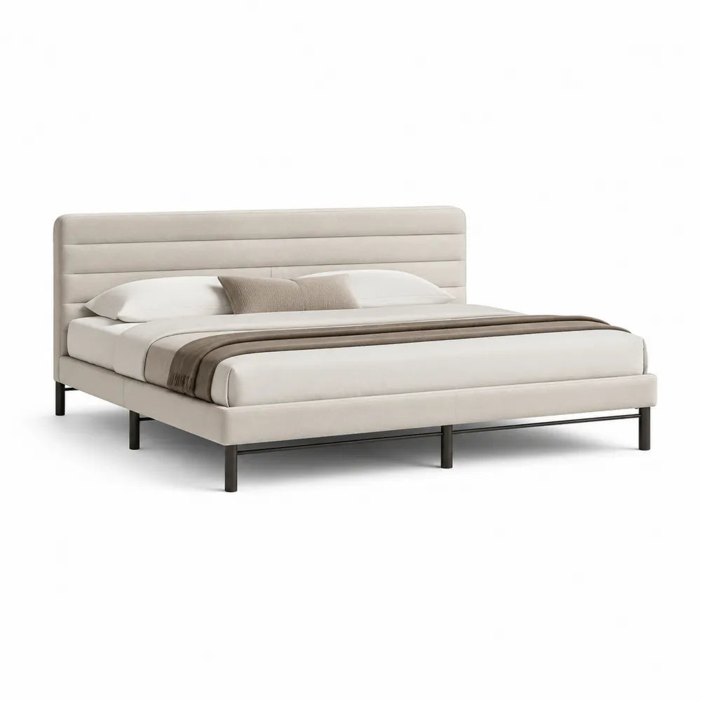 Lit double cadre de lit beige avec tête de lit capitonnée horizontale structure bois et MDF pieds métal noir sommier à lattes 160 x 200 cm