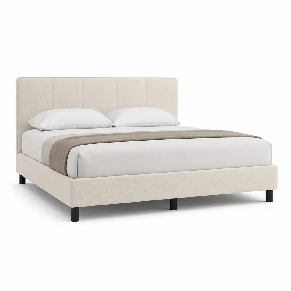 Lit double cadre de lit beige tête de lit capitonnée panneaux verticaux structure MDF bois pieds métal noir sommier à lattes 160 x 200 cm