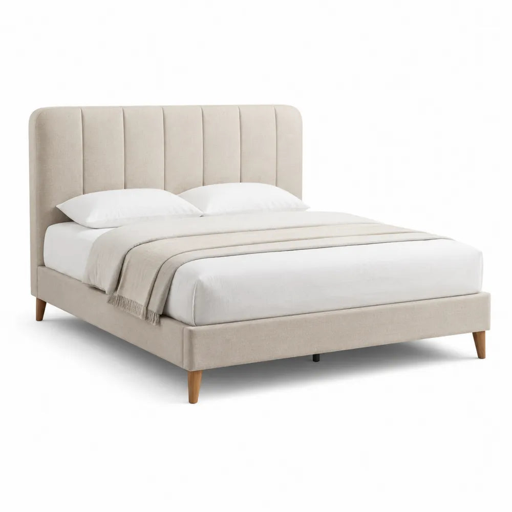 Lit 160 x 200 cm cadre de lit tête de lit capitonnée verticale tissu polyester beige pieds bois massif sommier à lattes structure bois et MDF