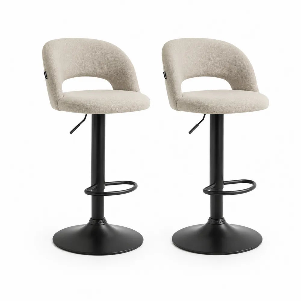 Tabourets de bar lot de 2 siège rembourré tissu bouclé beige dossier ouvert réglable en hauteur 90 à 110 cm pied en acier noir base ronde avec repose-pieds
