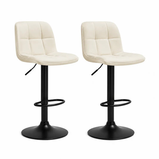 Tabourets de bar réglables lot de 2 avec dossier assise capitonnée PU beige base ronde acier noir repose-pieds hauteur réglable