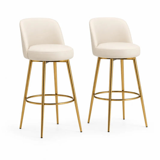 Lot de 2 tabourets de bar 95 cm assise rembourrée beige en similicuir PU pieds en acier doré avec repose-pieds circulaire
