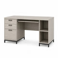 Bureau rectangulaire 140 cm x 60 cm x 75 cm bois mélaminé effet chêne gris avec tiroirs et étagères métal noir