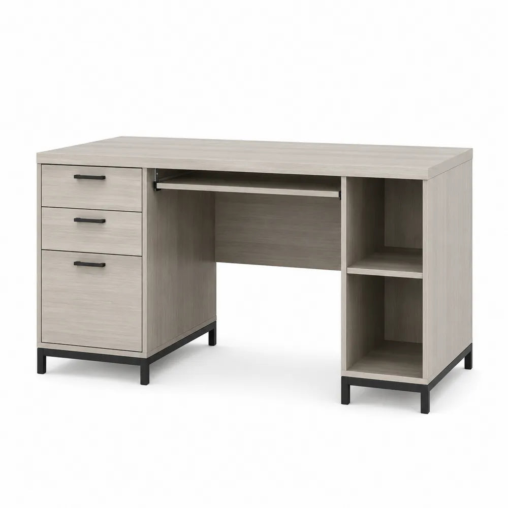 Bureau rectangulaire 140 cm x 60 cm x 75 cm bois mélaminé effet chêne gris avec tiroirs et étagères métal noir