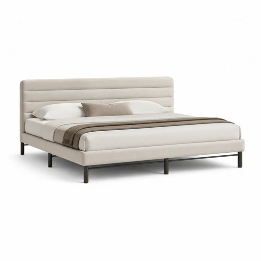 Lit double cadre de lit beige avec tête de lit capitonnée horizontale structure bois et MDF pieds métal noir sommier à lattes 160 x 200 cm