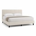 Lit double cadre de lit beige tête de lit capitonnée panneaux verticaux structure MDF bois pieds métal noir sommier à lattes 160 x 200 cm