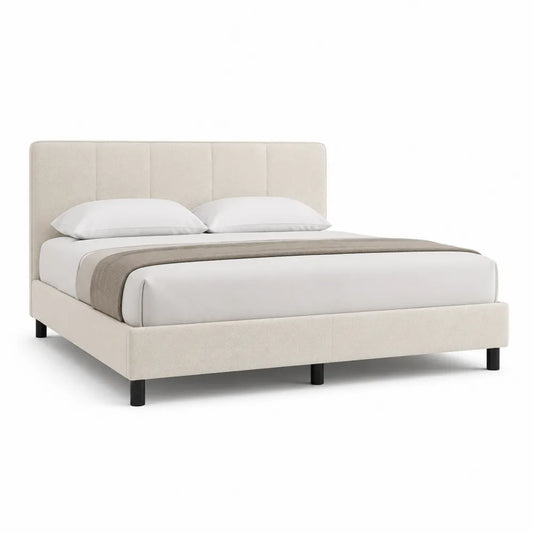 Lit double cadre de lit beige tête de lit capitonnée panneaux verticaux structure MDF bois pieds métal noir sommier à lattes 160 x 200 cm