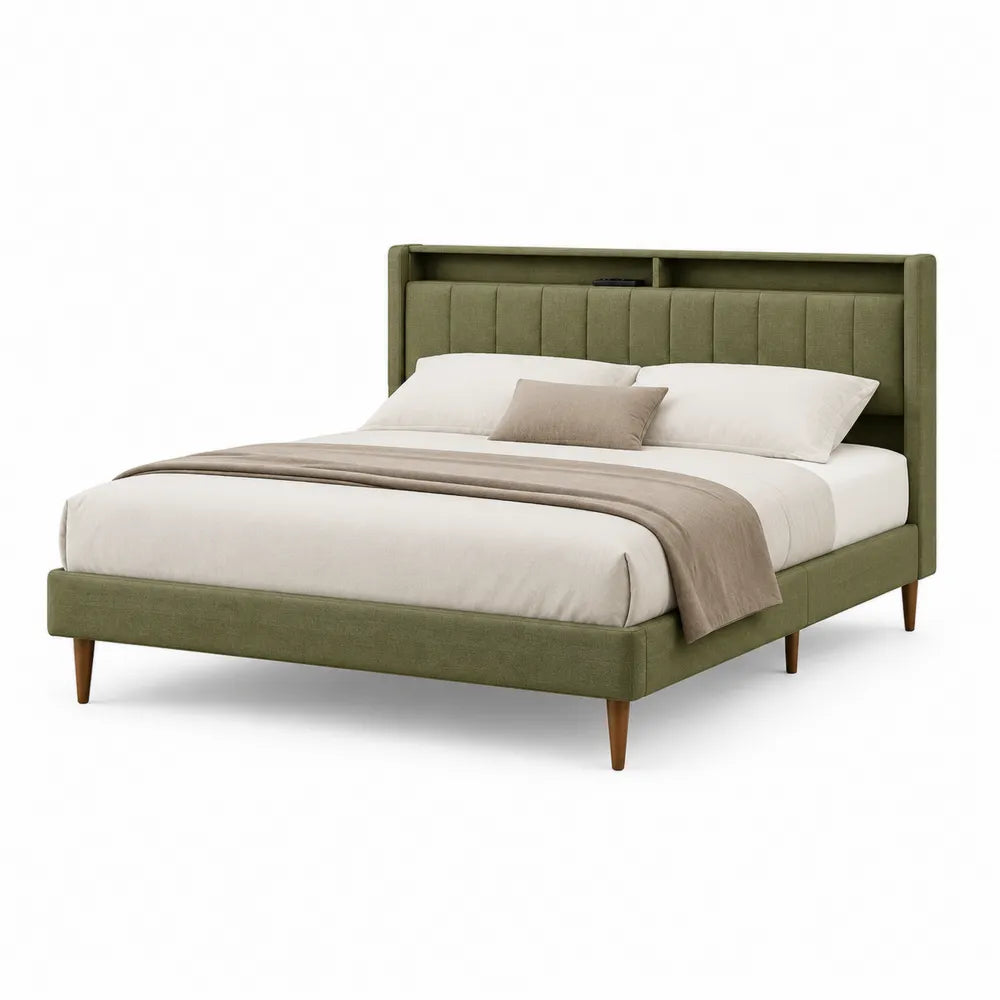 Lit 160 x 200 cm cadre de lit avec tête de lit rembourrée et étagère intégrée tissu vert kaki structure bois et métal pieds bois rectangulaire