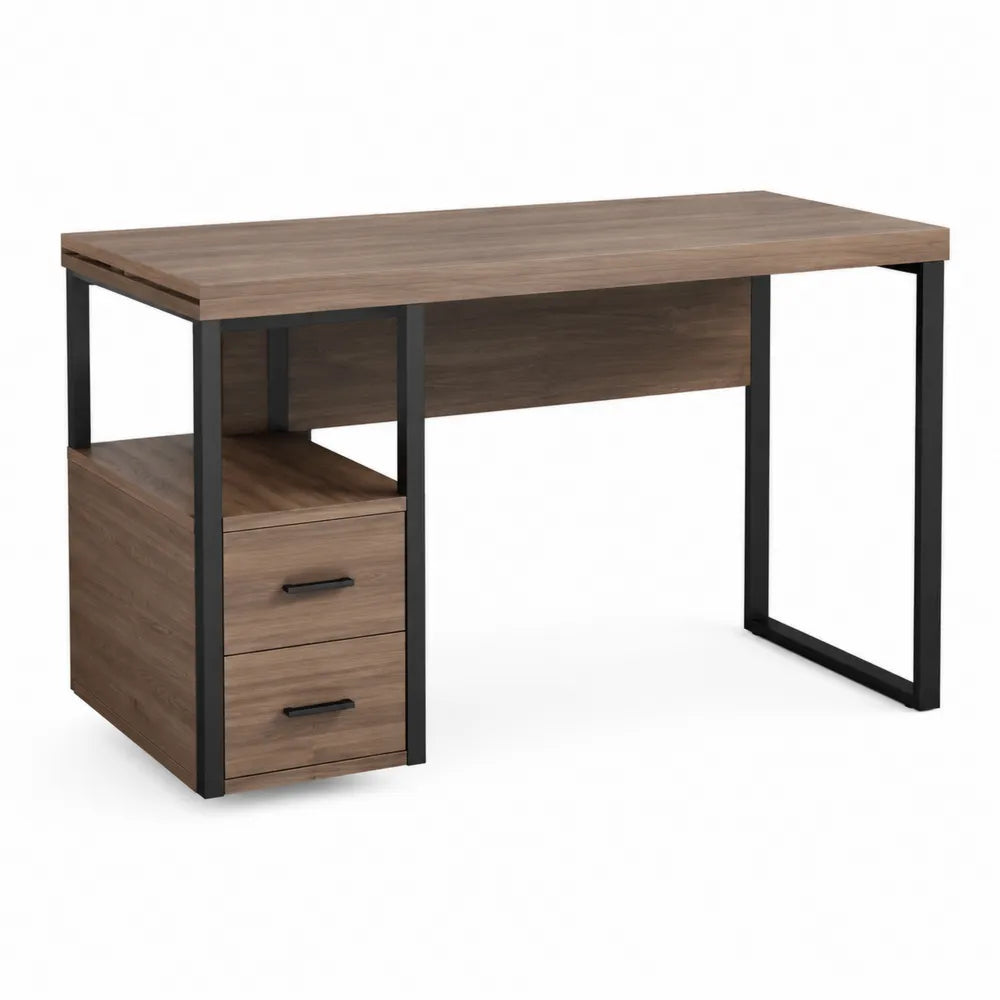Bureau avec caisson latéral 120 x 60 x 75 cm plateau décor noyer structure acier noir 2 tiroirs niche ouverte