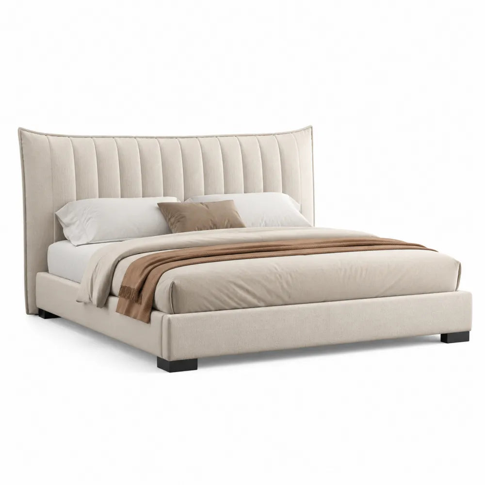 Lit double 160x200 cm cadre en bois naturel avec tête de lit capitonnée arrondie tissu polyester beige structure pin massif et MDF pieds noirs