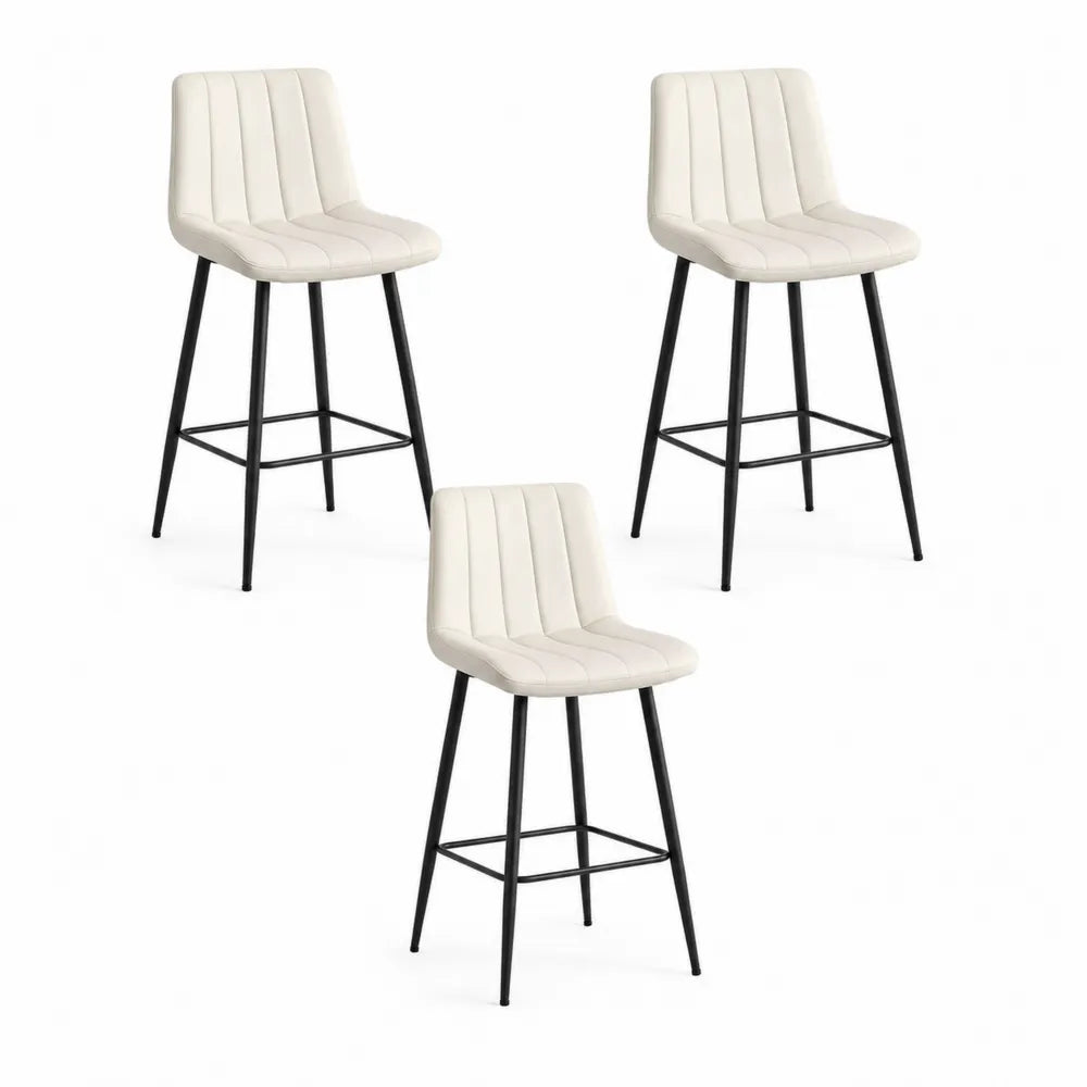 Lot de 3 tabourets de bar dossier rainuré assise simili cuir PU structure acier noir repose-pieds cadre 45 cm 48 cm 103 cm hauteur d’assise 74 cm