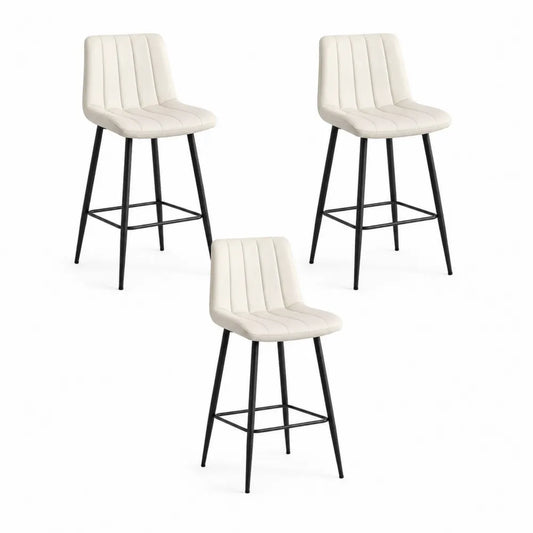 Lot de 3 tabourets de bar dossier rainuré assise simili cuir PU structure acier noir repose-pieds cadre 45 cm 48 cm 103 cm hauteur d’assise 74 cm