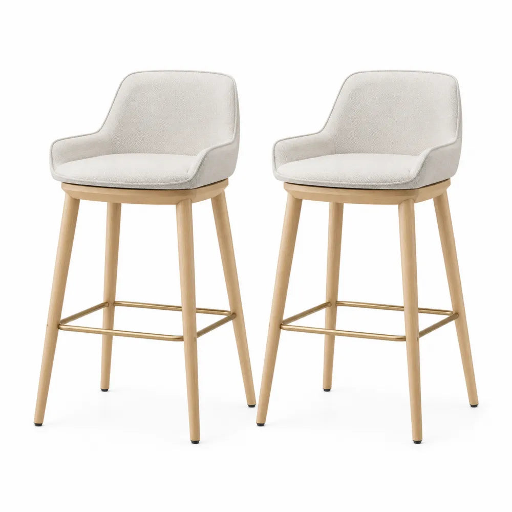Tabourets de bar lot de 2 avec dossier assise rembourrée tissu beige pieds en bois massif repose-pieds anneau métal doré hauteur fixe