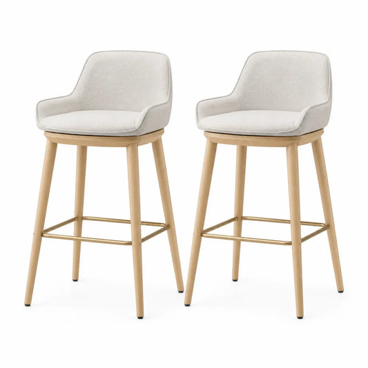 Tabourets de bar lot de 2 avec dossier assise rembourrée tissu beige pieds en bois massif repose-pieds anneau métal doré hauteur fixe
