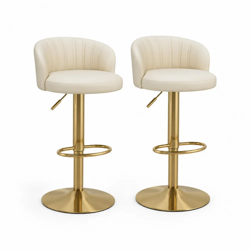 Lot de 2 tabourets de bar réglables 46 x 48 x 82 à 103 cm similicuir PU beige dossier courbé piètement acier doré avec repose-pieds circulaire