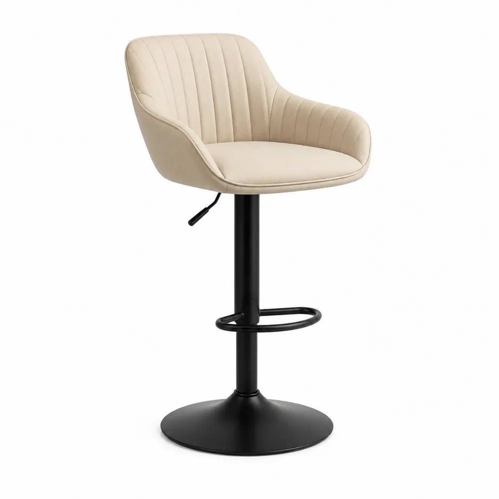 Tabouret de bar pivotant réglable en hauteur assise tissu polyester beige dossier avec accoudoirs base acier noir repose-pieds anneau 55 cm 55 cm 90 cm 110 cm