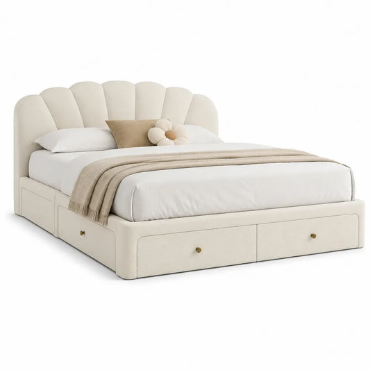 Lit avec tiroirs 160 x 200 cm revêtement polyester bouclé tête de lit coquillage rembourrée forme éventail beige structure MDF rangements intégrés 218 x 172 x 112 cm