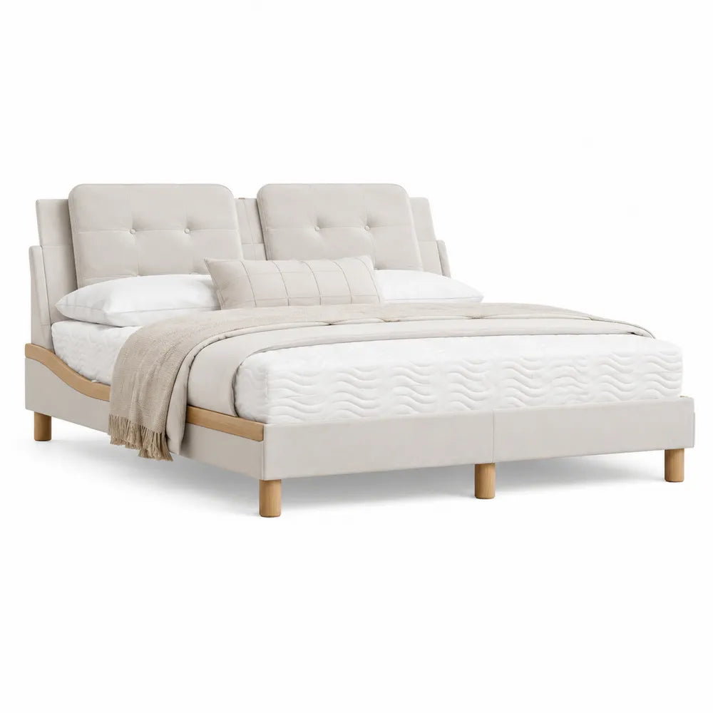 Lit 160 x 200 cm cadre de lit tête de lit capitonnée panneaux rectangulaires tissu polyester beige pieds bois massif sommier à lattes structure bois et MDF