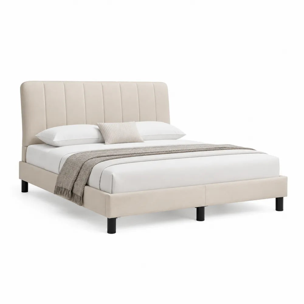 Lit cadre de lit 160 x 200 cm beige tête de lit capitonnée verticale structure bois MDF pieds métal noir sommier à lattes