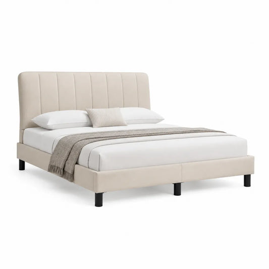 Lit cadre de lit 160 x 200 cm beige tête de lit capitonnée verticale structure bois MDF pieds métal noir sommier à lattes