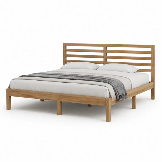 Lit double 160 x 200 cm cadre de lit en bois massif pin avec tête de lit à lattes horizontales couleur chêne clair