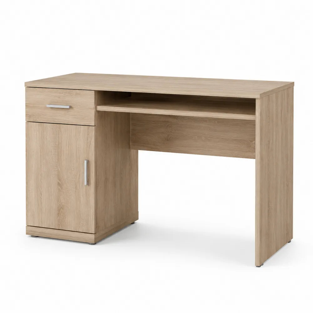 Bureau droit avec rangement latéral 1 tiroir 1 porte et étagère ouverte bois décor chêne 120 cm x 55 cm x 75 cm