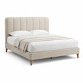 Lit 160 x 200 cm cadre de lit tête de lit capitonnée verticale tissu polyester beige pieds bois massif sommier à lattes structure bois et MDF