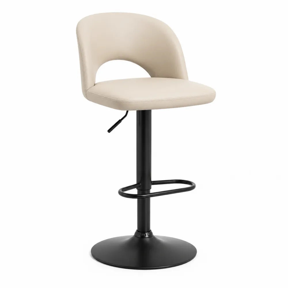 Tabouret de bar pivotant réglable en hauteur assise similicuir PU beige dossier ouvert base acier noir repose-pieds circulaire 45 cm 45 cm 85 cm 105 cm