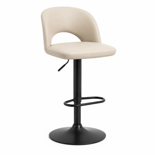 Tabouret de bar pivotant réglable en hauteur assise similicuir PU beige dossier ouvert base acier noir repose-pieds circulaire 45 cm 45 cm 85 cm 105 cm