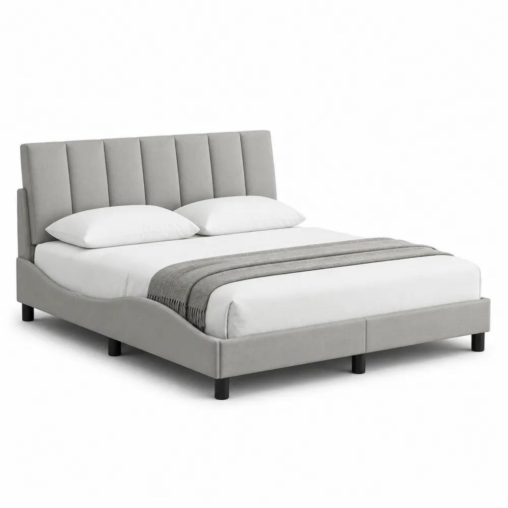 Cadre de lit 160 x 200 cm gris tête de lit capitonnée verticale structure bois MDF revêtement tissu polyester pieds métal noir rectangulaire