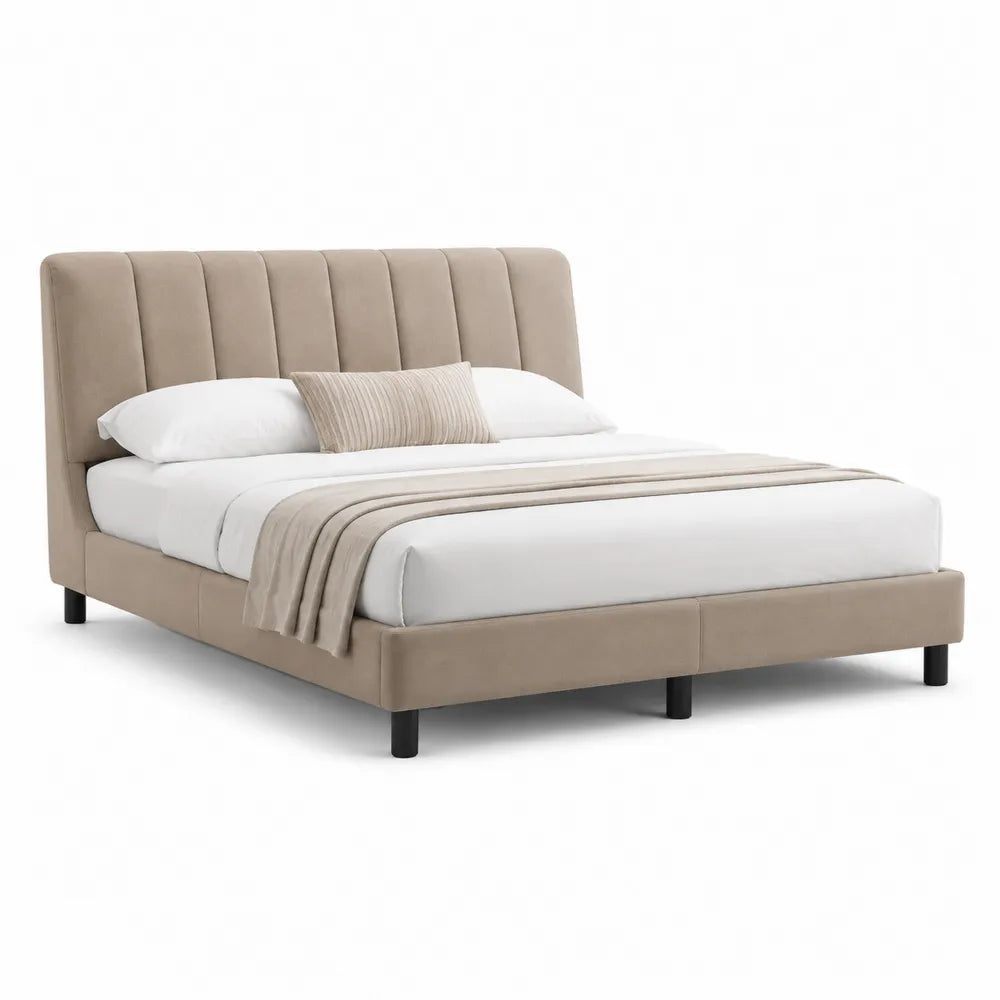 Lit 160 x 200 cm cadre de lit en bois et MDF tête de lit capitonnée verticale tissu polyester beige pieds cylindriques noirs