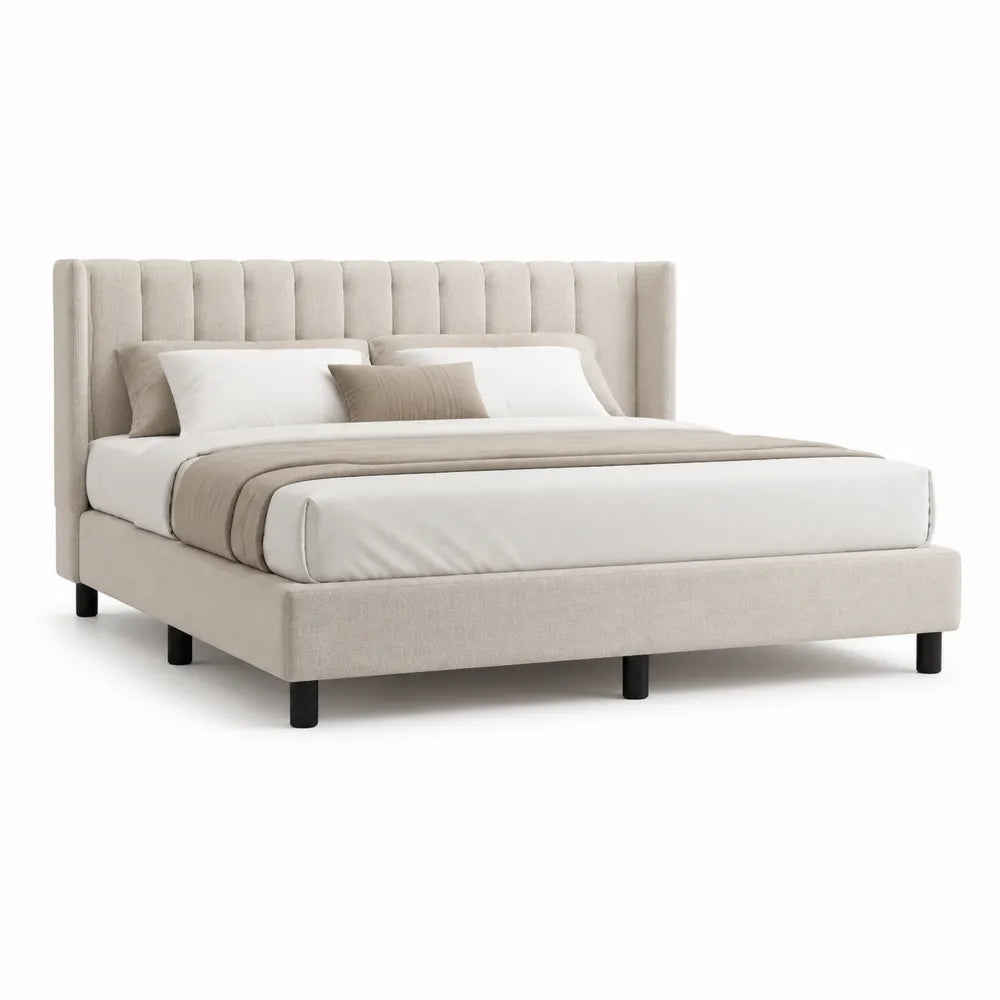 Cadre de lit 160 x 200 cm beige tête de lit capitonnée verticale structure bois MDF revêtement tissu polyester pieds noirs rectangulaire