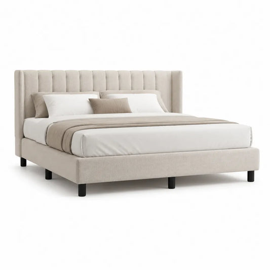 Cadre de lit 160 x 200 cm beige tête de lit capitonnée verticale structure bois MDF revêtement tissu polyester pieds noirs rectangulaire