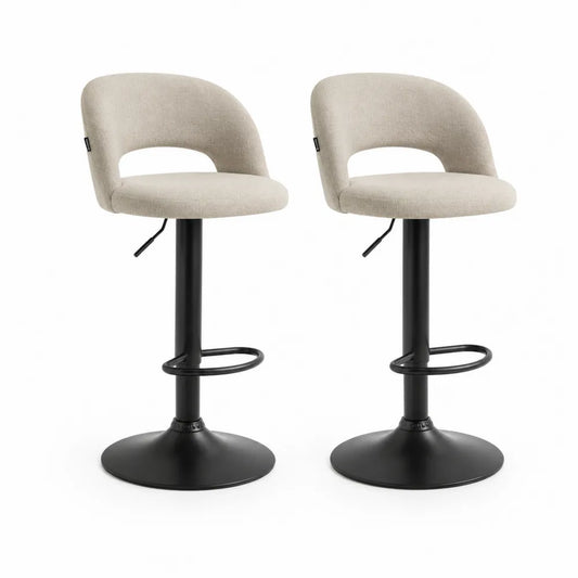 Tabourets de bar lot de 2 siège rembourré tissu bouclé beige dossier ouvert réglable en hauteur 90 à 110 cm pied en acier noir base ronde avec repose-pieds