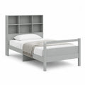 Lit 90 x 200 cm avec tête de lit bibliothèque étagères MDF peint gris clair sommier à lattes pieds bois rectangulaire