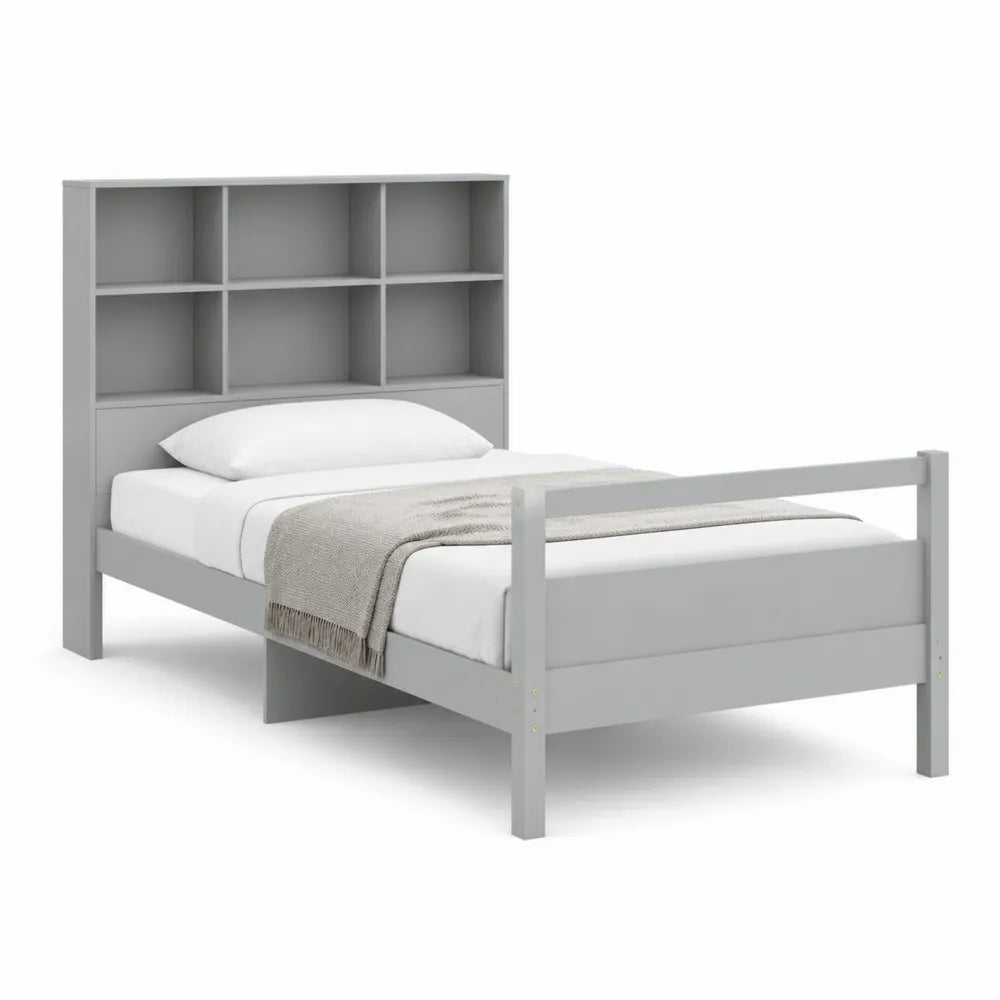 Lit 90 x 200 cm avec tête de lit bibliothèque étagères MDF peint gris clair sommier à lattes pieds bois rectangulaire