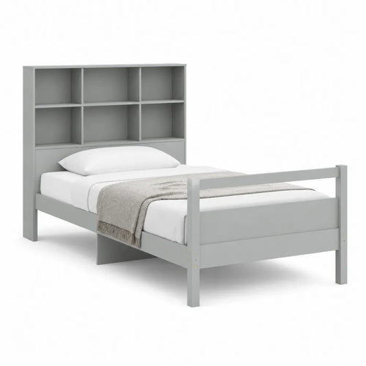 Lit 90 x 200 cm avec tête de lit bibliothèque étagères MDF peint gris clair sommier à lattes pieds bois rectangulaire